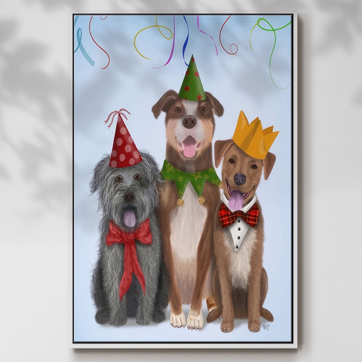 Christmas Party Mutts - Framed Gallery Wrapped Holiday Canvas - 27 x 41 - White Frame