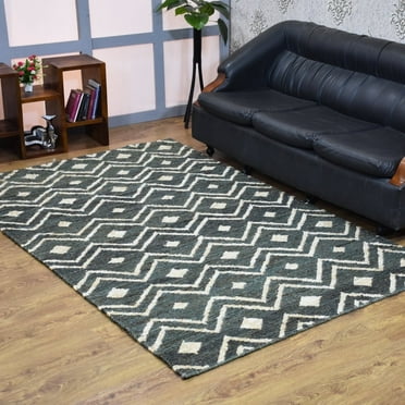 Hand Knotted Sumak Jute Eco-Friendly Area Rugs - 6'X9', Rectangle Shape, Green Beige Color, Contemporary Pattern, High Pile, Natural Fiber, Outdoor Indoor Handmade Area Rugs For Living Room (J00078)