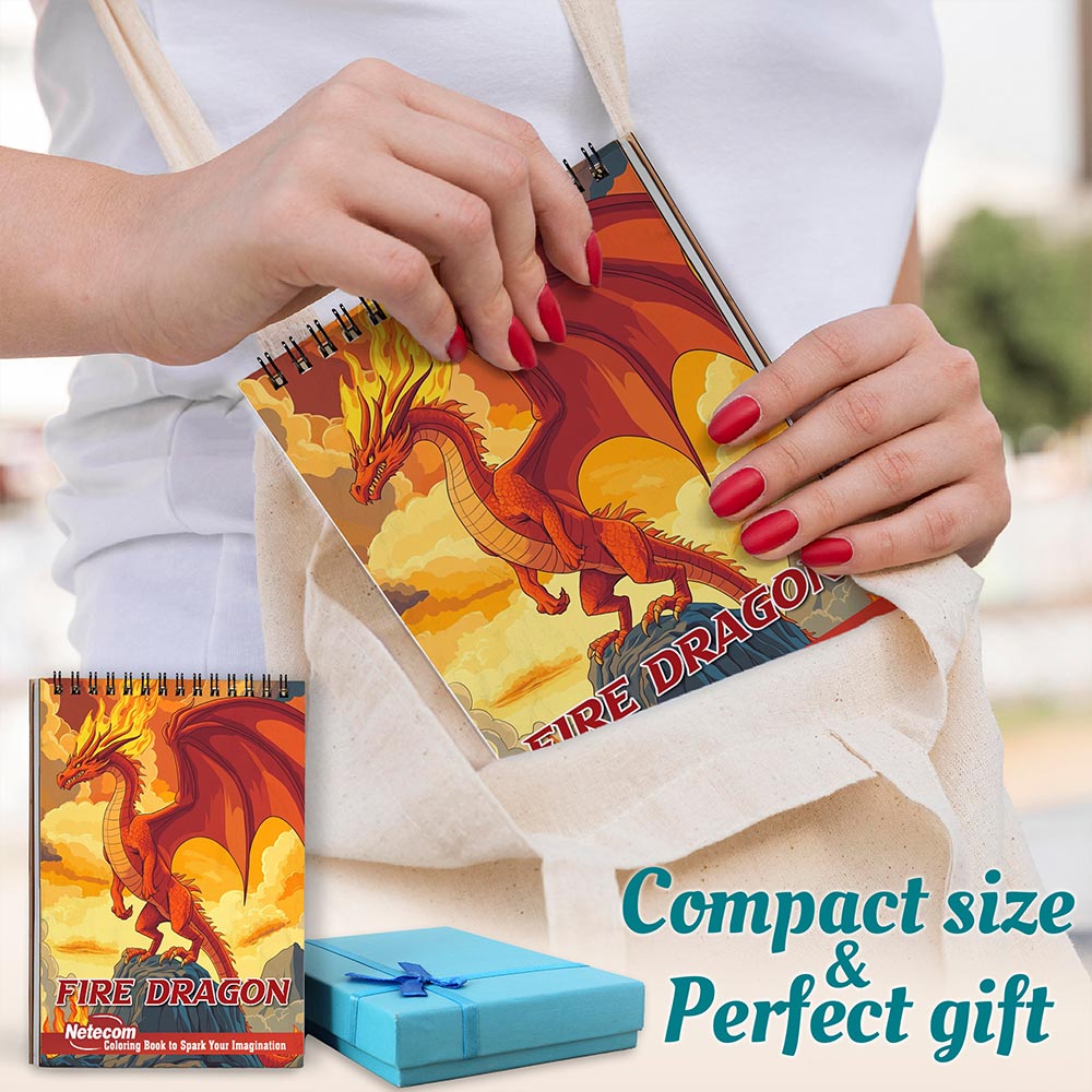 Netecom Fire Dragon Coloring Book Spiral Bound for Adults, A5 Wooden Cover, 30 Majestic Coloring Pages of Mighty Creatures for Stress Relief and Relaxation