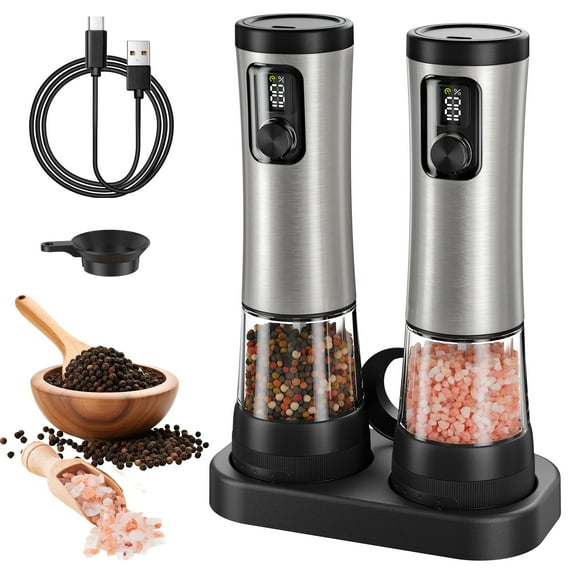 Moreblue Electric Salt and Pepper Grinder Set, Automatic Rechargeable Salt and Pepper Mill with LED Display, Salt Pepper Shaker Electric with 5 Adjustable Coarseness(Black)