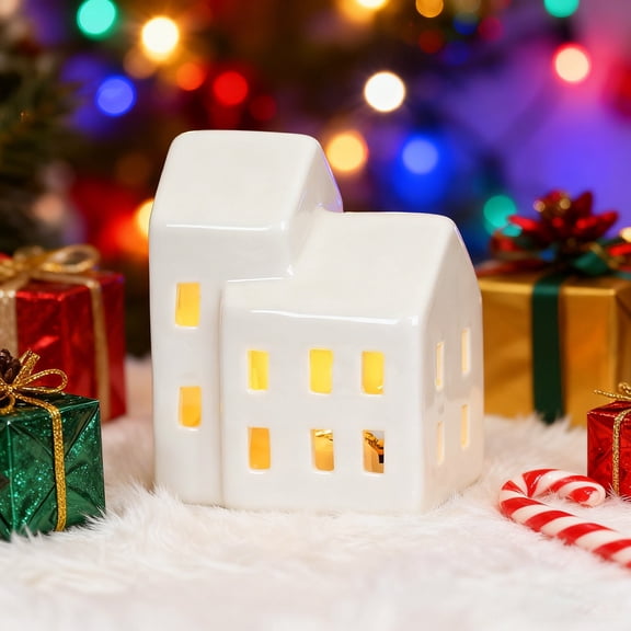 Desktop Ornament,White Ceramic Christmas Village Houses Christmas Village Sets LED Lighted Christmas Village Houses White Porcelain Village Town Houses Christmas Town Scene For Home