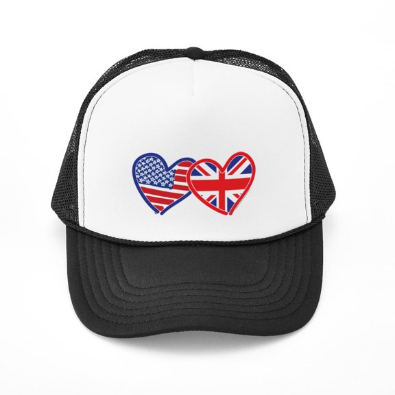 CafePress - American Flag/Union Jack Flag Hearts - Adjustable Unisex Printed Trucker Hat with Mesh Back