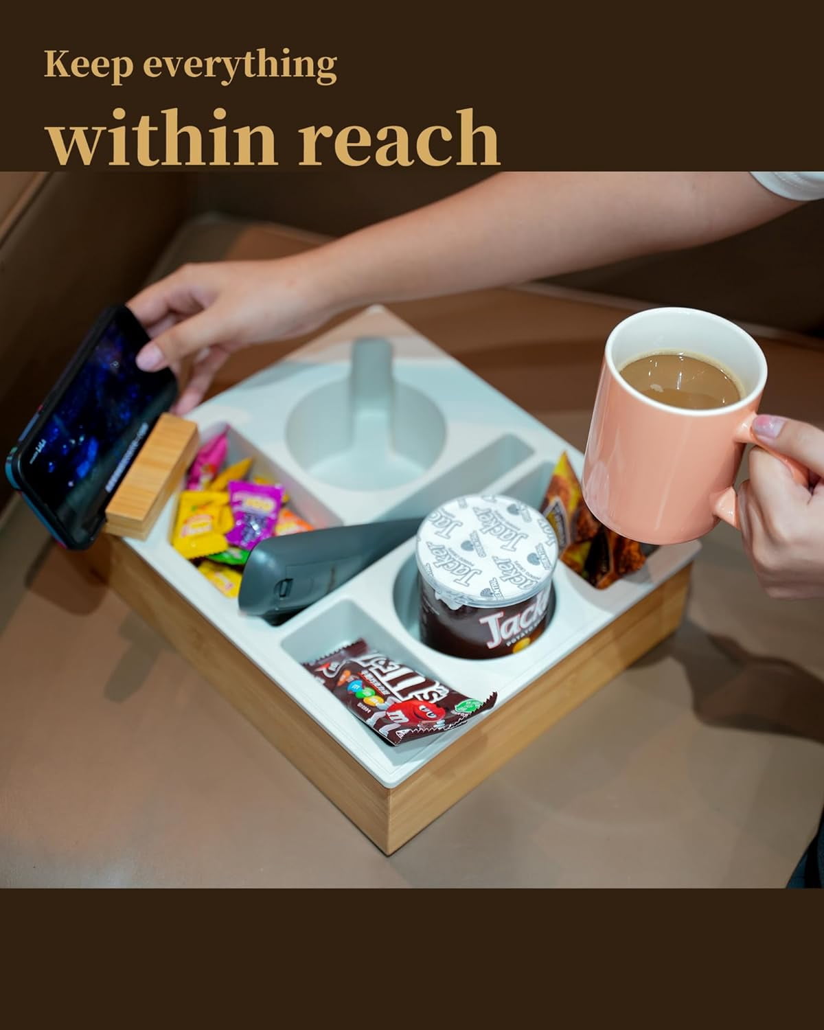Couch Cup Holder Tray, Bamboo Couch Caddy with Rotatable Phone Holder for Bed Organizer, Waterproof Anti-spill Sofa Cup Holder for Snacks Beverage Remote Black