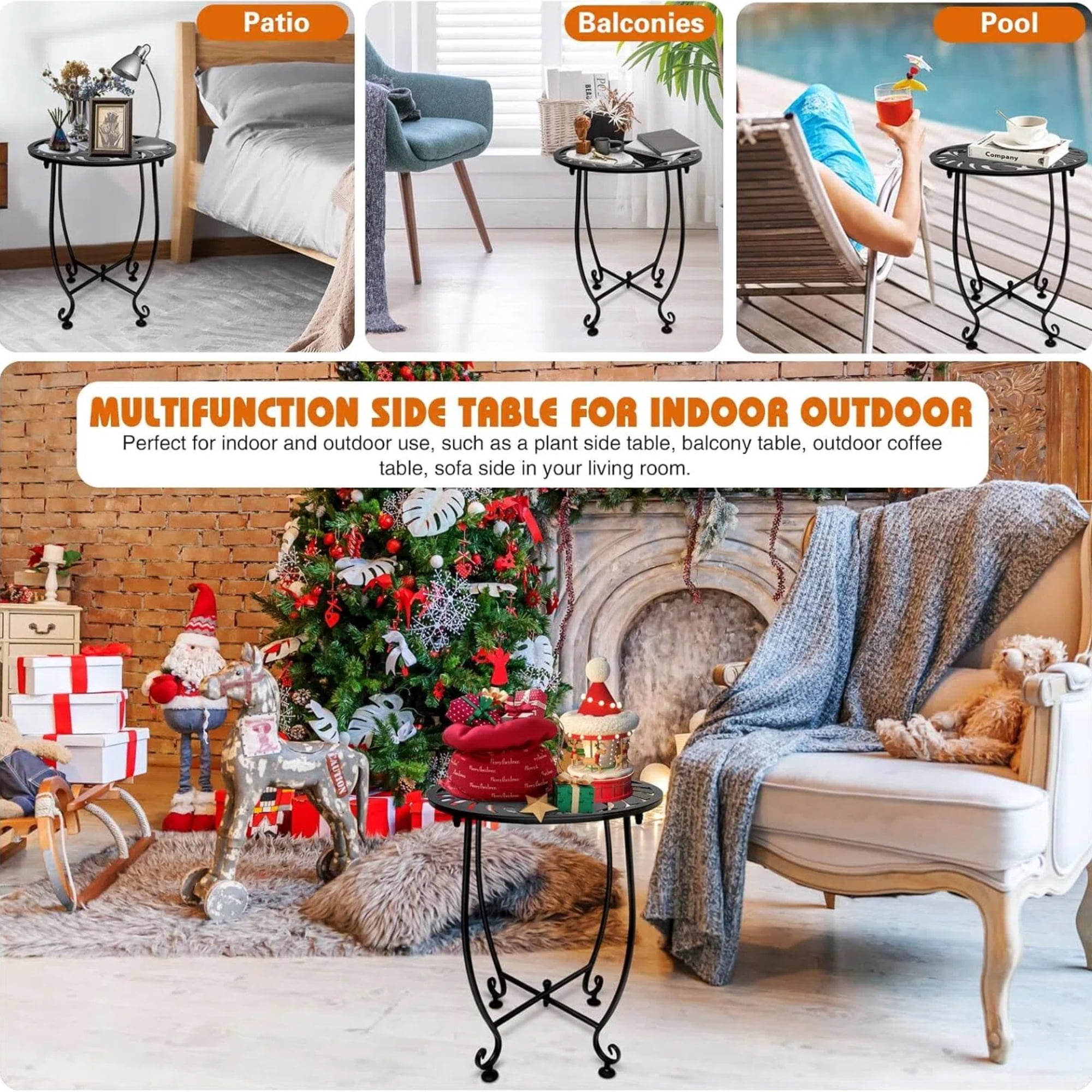 JUNBEI Outdoor Side Table for Small Spaces, 2 Pack 14 Inch Round Metal End Table for Patio Balcony Yard Porch, Anti-Rust Waterproof Accent Table for Indoor Outdoor Use, Easy Assembly