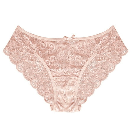 

rygai Women Underpants Solid Color Hollow Out Lace Bow-knot See-through Protective Thin Mid Waist Lady Briefs Women Accessory Skin Color XL