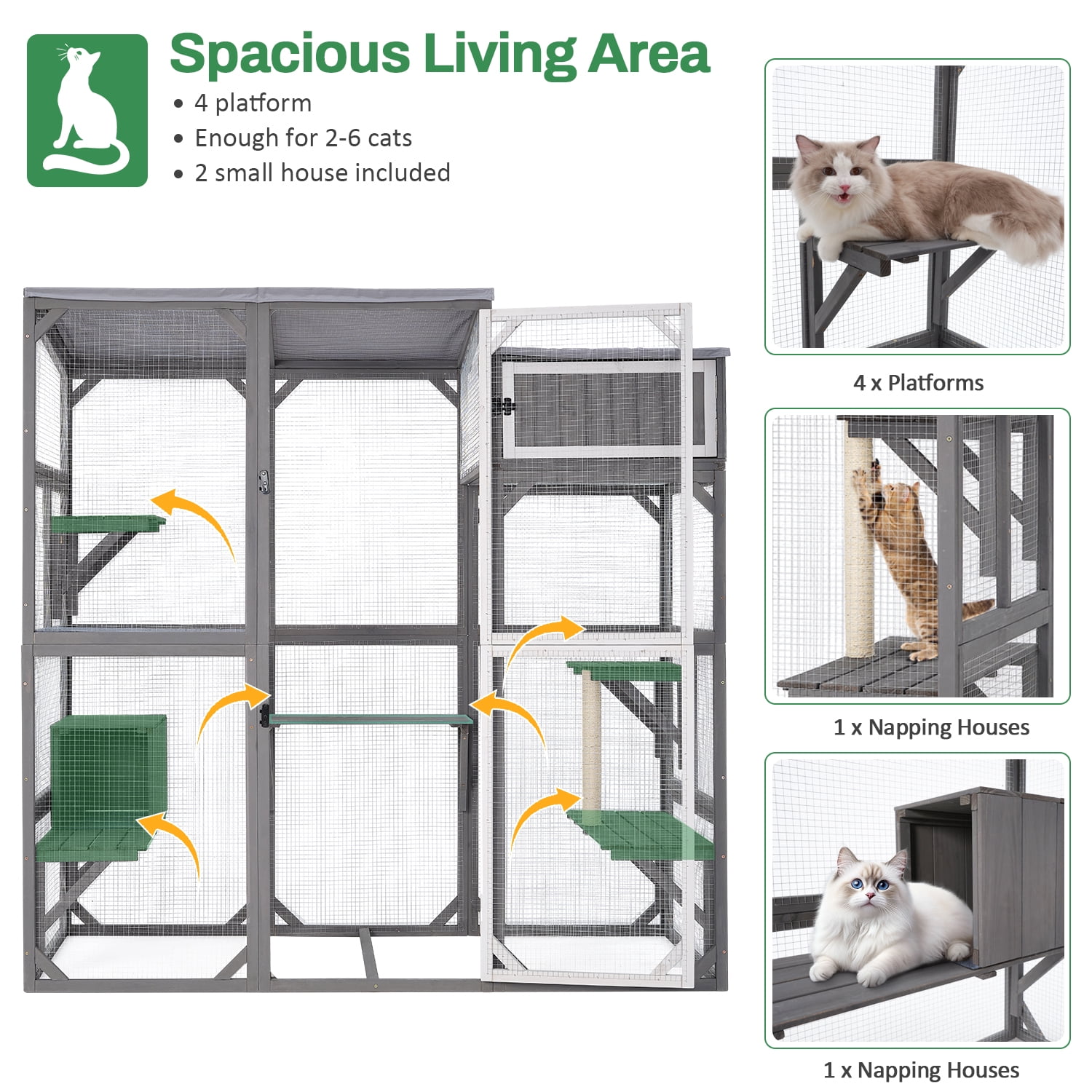Wooden Outdoor Catio Enclosure for Pets with Scratching Post, Multi-Level Perches & Hideaways, Weatherproof Indoor/Outdoor Cat House with Roof, 5 Platforms & Resting Den, UV-Resistant