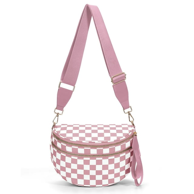 Bolso Riñonera Cruzado Cuadriculado de Nylon Rosa 28x14x14 cm