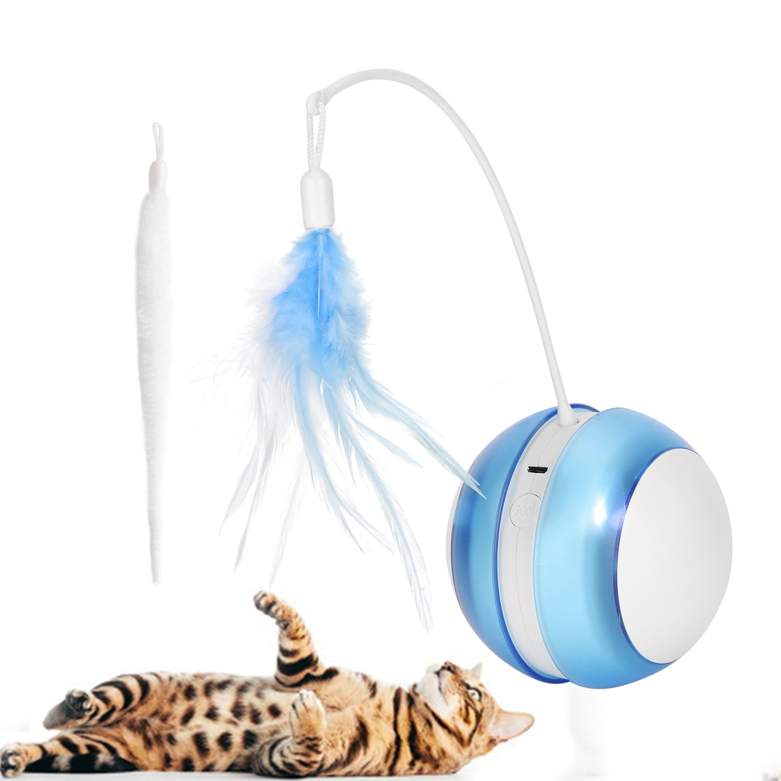 Yajisi Interactive Cat Toys USB Charging LED Tilting Sports Ball Self Rotating Cat Toys Chaser with Feather Fishing Rod Motion Activated Move Cat Ball Toys 11.81 inches / 30 cm