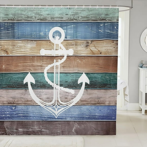 Rideaux de Douche de Plage Thème Ancre Nautique pour Hommes, Enfants, Garçons Rideau de Bain Rustique en Bois Cabine Marine Ensemble de Déco de Baignoire Sarcelle, Brun, Bleu Parfait pour une Salle de Bain à Thème Côtier