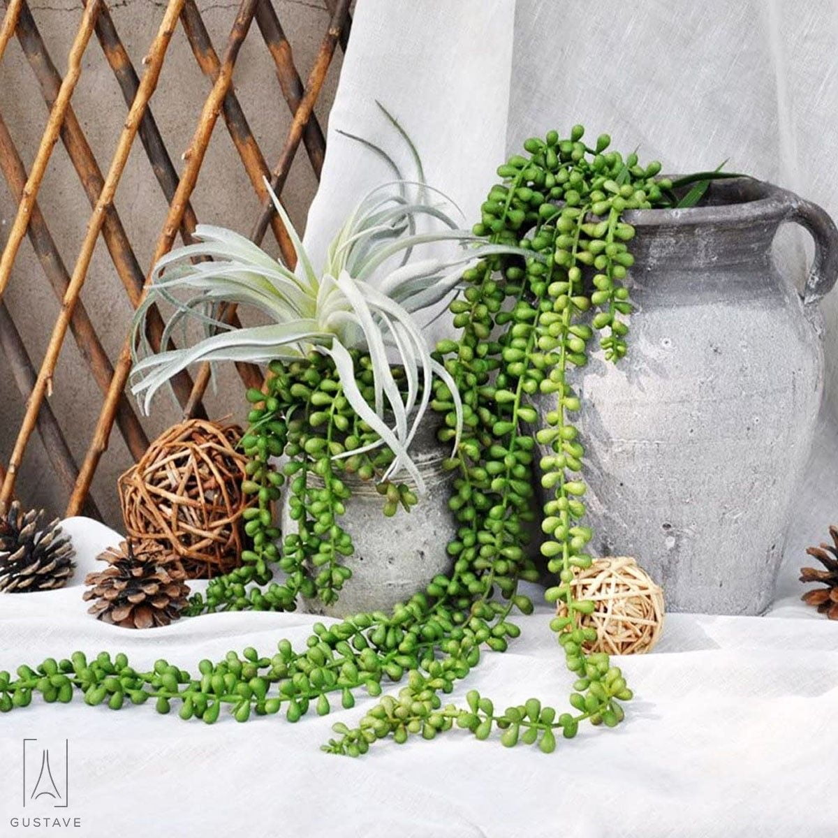 Gustave 4Pcs Artificial Hanging Plants, Fake Succulent String of Pearls Fake Hanging Vine for Wedding Party Home Kitchen Garden Wall Decoration Outdoor Indoor Ornaments "L"