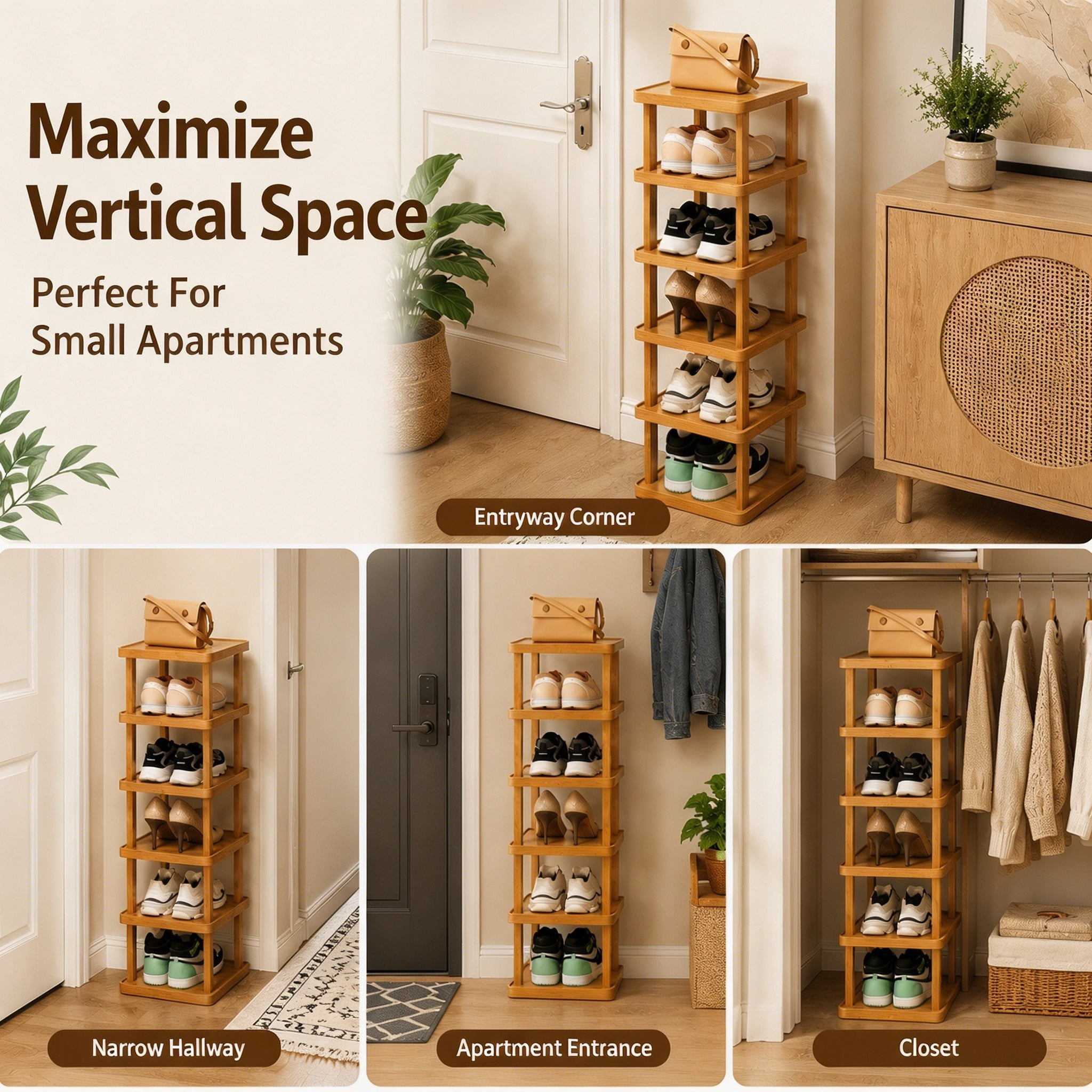 6 Tier Bamboo Shoe Rack, Narrow Vertical Shoe Organizer for Entryway, Closet and Small Spaces, Holds Up to 6 Pairs