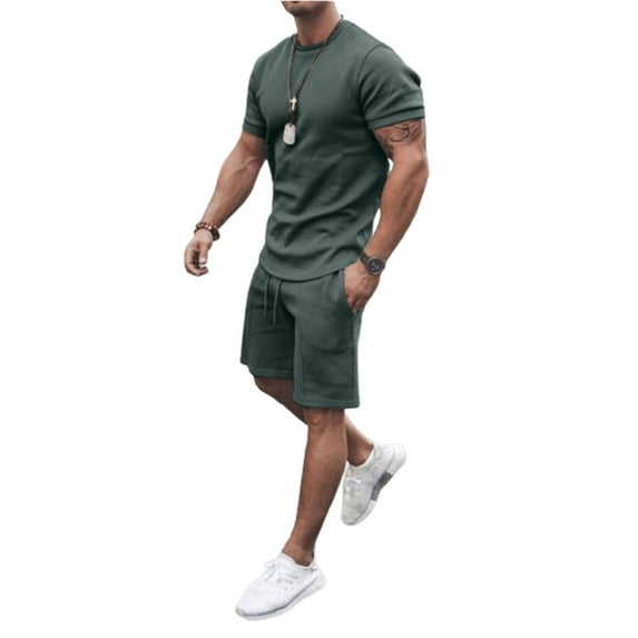 hirigin Male Solid Color Round Neck Short Sleeve T-Shirt+ Shorts with Pocket
