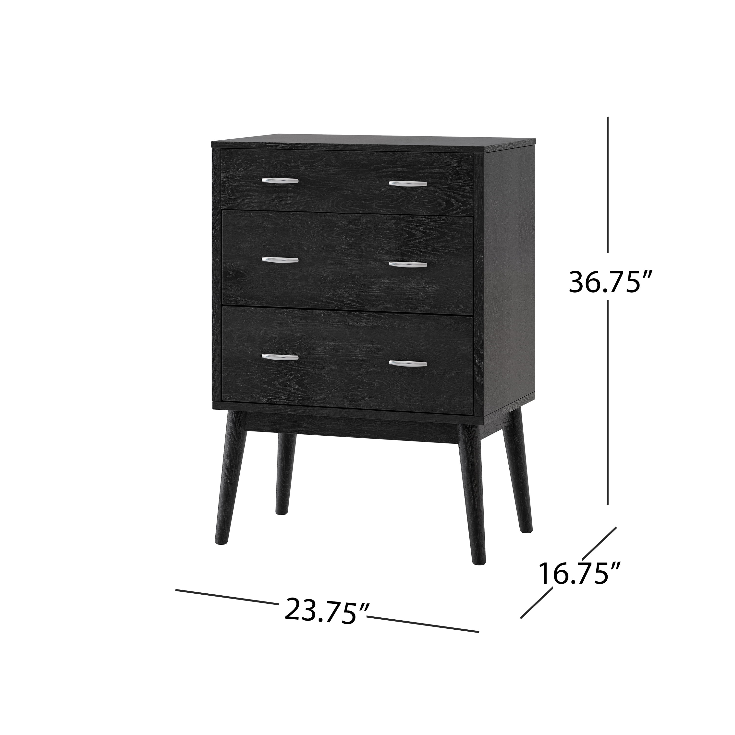 Noble House Starla Wooden 3 Piece 3 Drawer Dresser and Nightstand Bedroom Set, Black