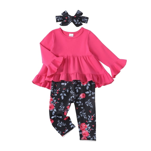 12 Months Baby Girls Clothes 18 Months Girls Pant Set Toddler Girls Long Sleeve Solid Color Top Floral Pants Headband 3PCS Set Rose Red