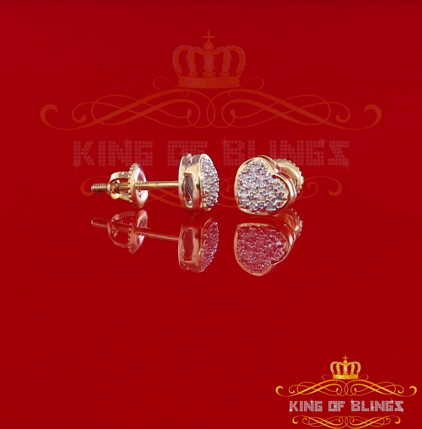 King of Bling's 10K Real Yellow Gold Real Diamond 0.08CT Men's/Women's Stud Micro Heart Earring