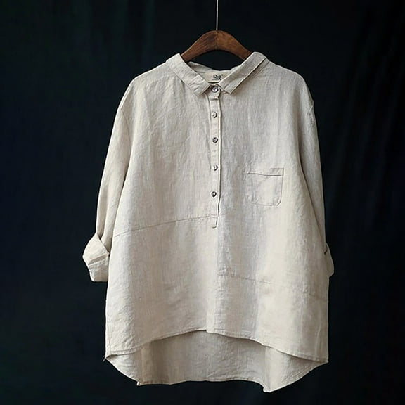 Lolmot Womens V Neck Collar Button Down Cotton Linen Shirts 3/4 Sleeve Solid Color Casual Blouses Tops Shirts Women's Traditional Chinese Style Tops