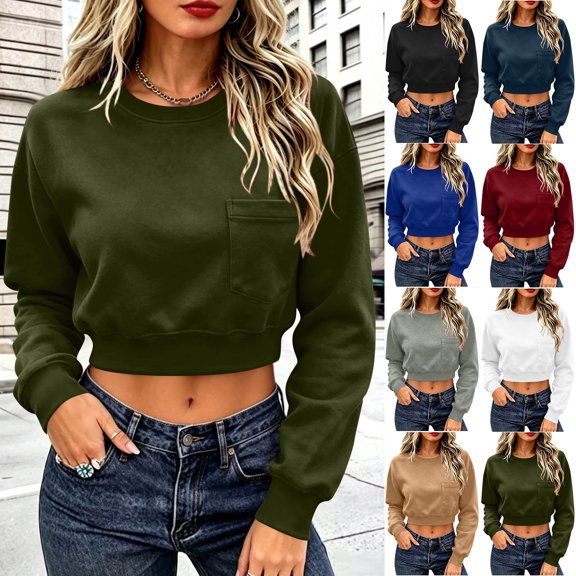VBVC Women's Crew Neck Cropped Sweatshirt , Stretchy Long Sleeve Pullover For Women , Ladies' Drop Shoulder Top with Pockets, S-2XL