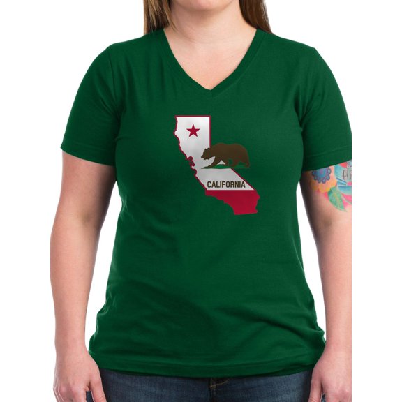 CafePress - CALI STATE W BEAR T Shirt - Women's V-Neck Dark T-Shirt