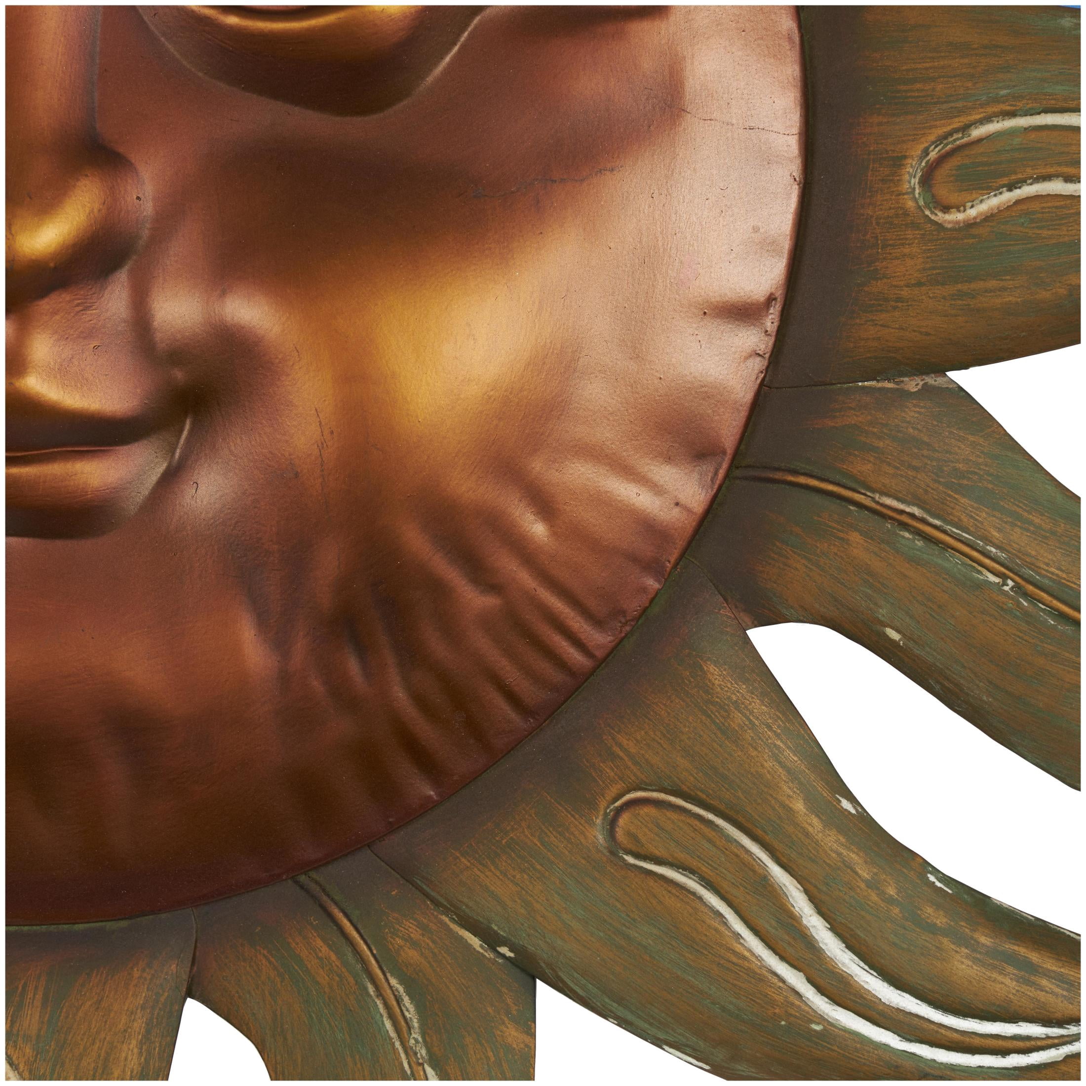 DecMode Copper Metal Sun Wall Decor with Smiling Face and Curved Rays