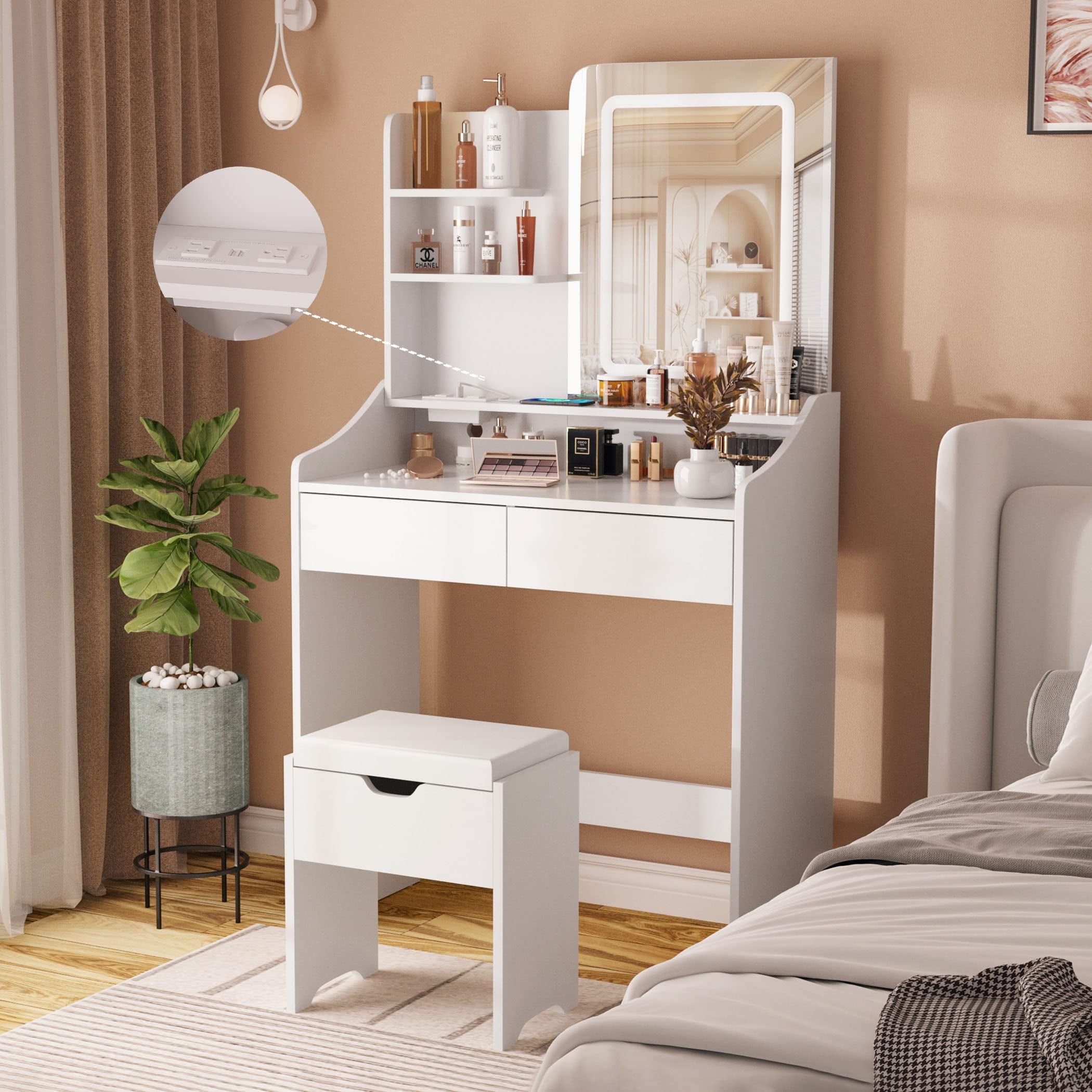 Veanerwood Makeup Vanity Set with Lights and Power Strip, Vanity Dressing Table with Drawers and Shelves, Bedroom, 31.5in, White