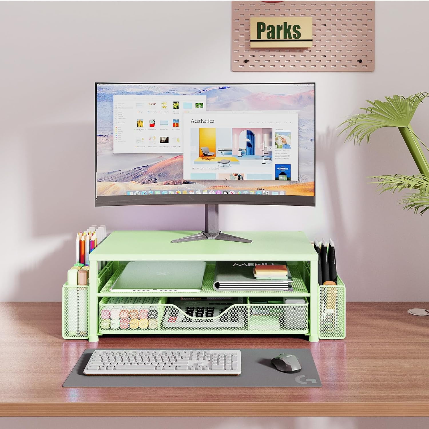 Desk Organizers and Accessories, 2-Tier Computer Monitor Stand Riser with Drawer and 2 Pen Holders, Office Desk Accessories for Office Supplies