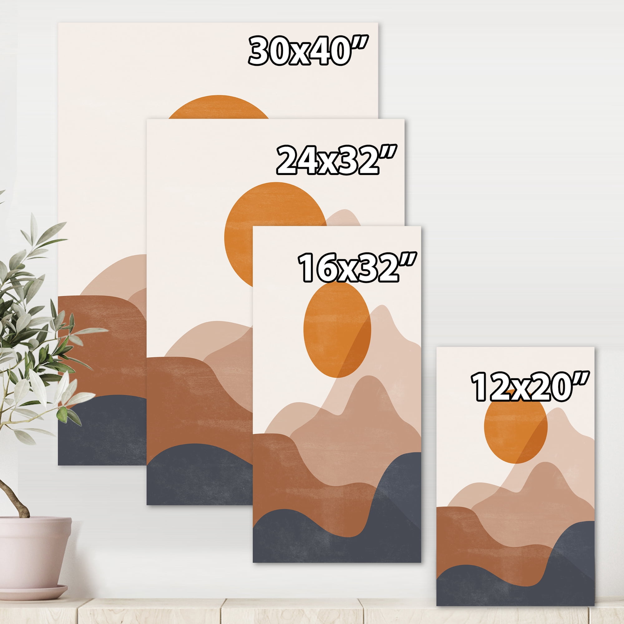 Designart ' Abstract Earth Toned Mountains With Red Moon II ' Modern Canvas Wall Art Print