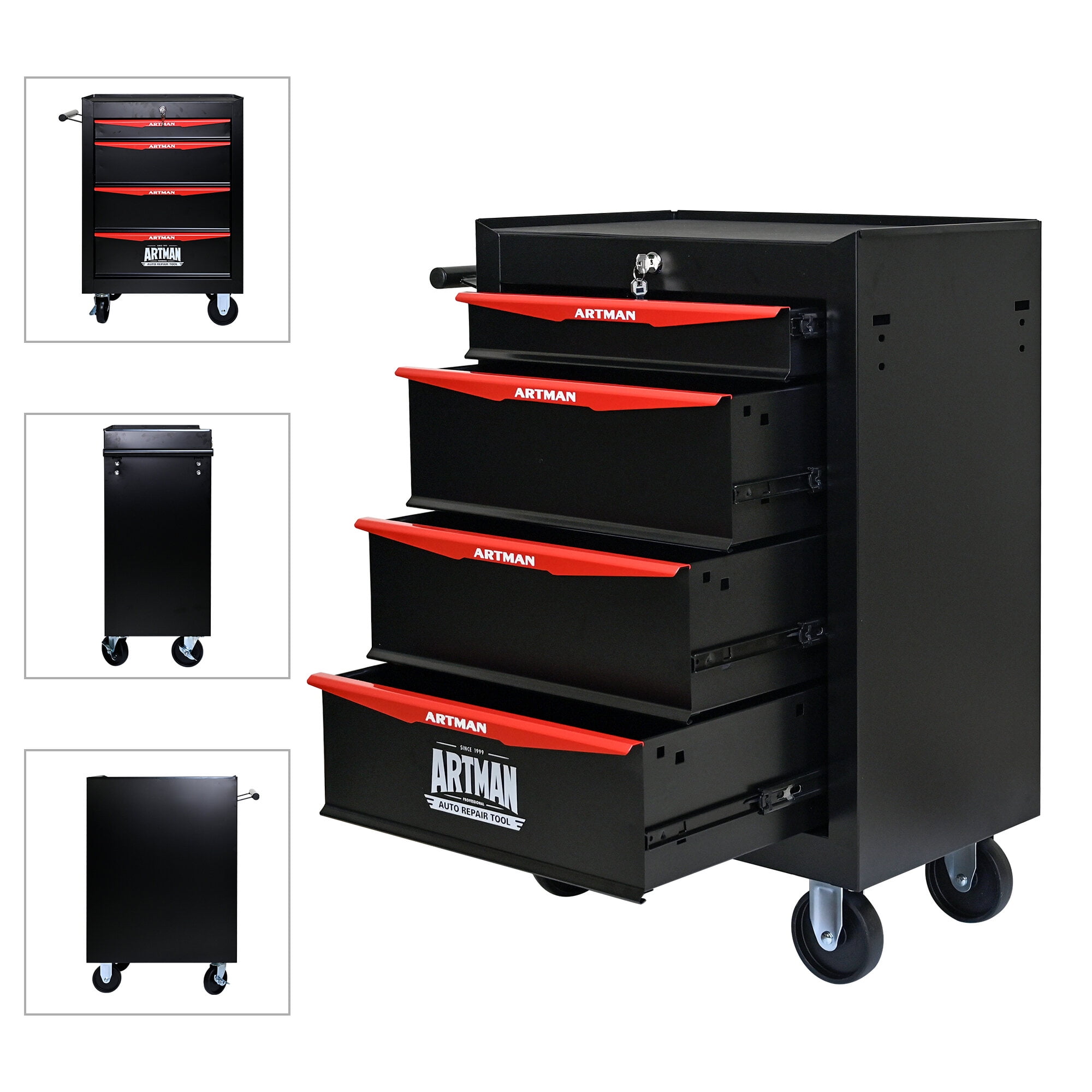 20" Rolling Tool Chest with 4 Drawers - Black & Red Steel Tool Cabinet with Ball Bearing Slides & Locking Wheels
