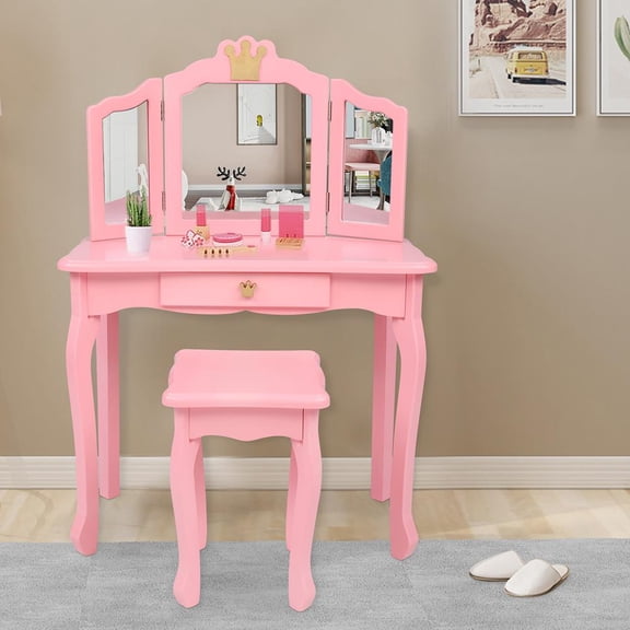 UBesGoo Kids' Vanity Table and Stool Set 3 Mirrors, Bedroom Table,Pink