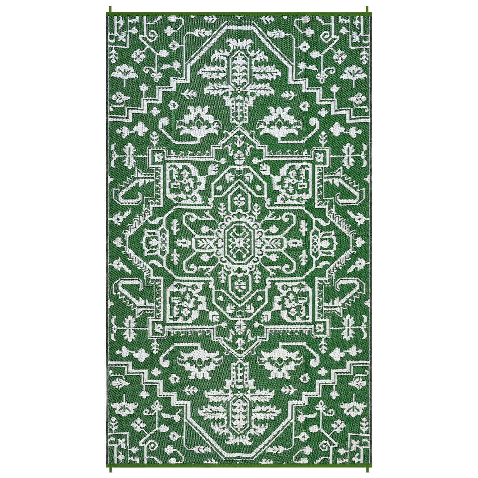 Nanan 9x12 Outdoor Patio Rug, Portable Waterproof Plastic PP Tube Rug, Modern Scalloped Edge Mat for Deck, Yard, Camping, Balcony & Poolside, Green/White