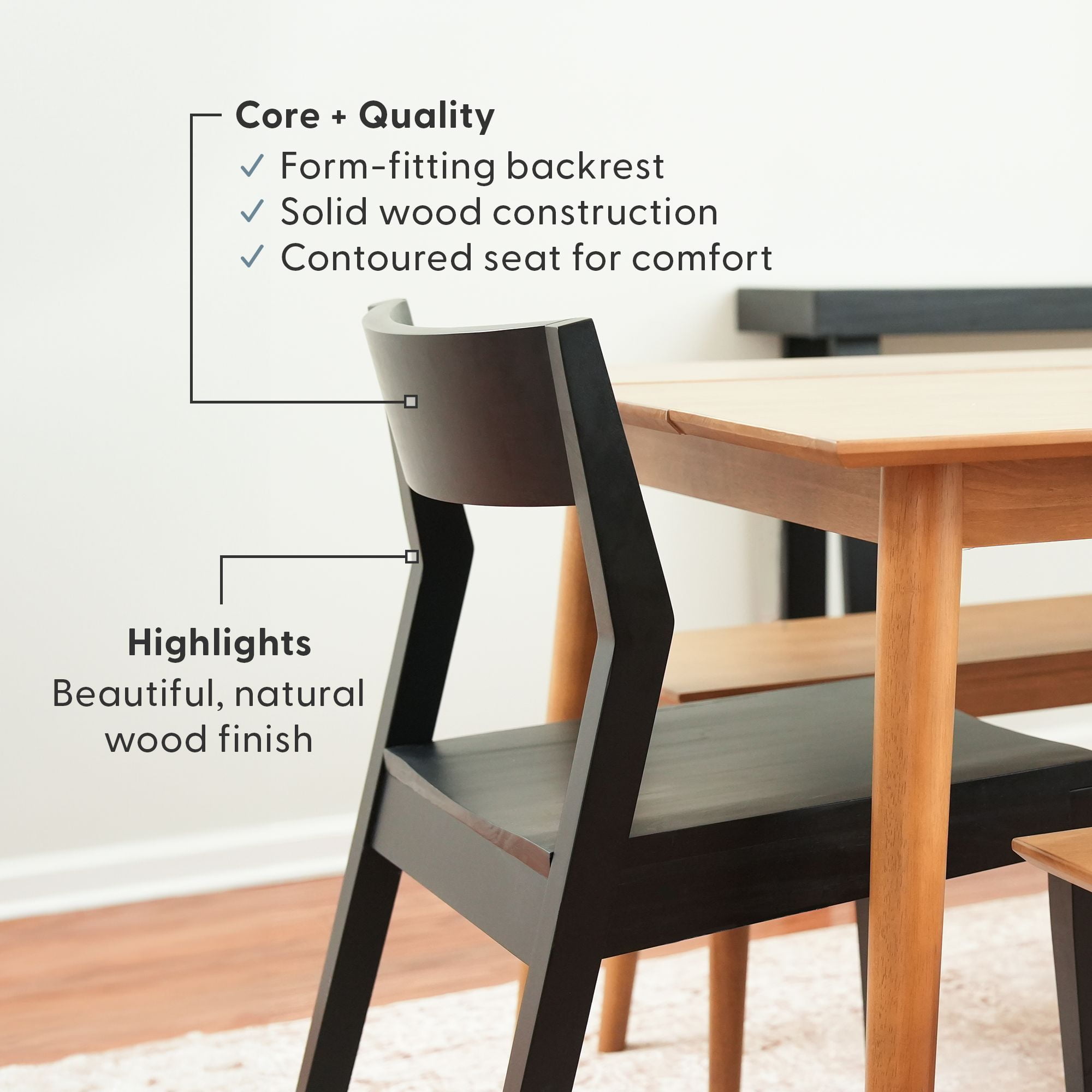 Plank+Beam Modern Dining Chair Set of 2, Solid Wood Chairs for Kitchen, Office, Living Room