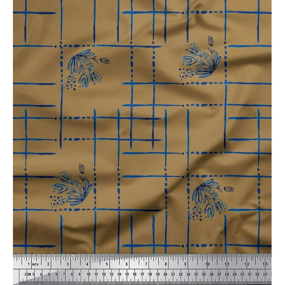 Soimoi Brown Cotton Duck Fabric Leaves & Geometric Decor Fabric Printed Yard 42 Inch Wide