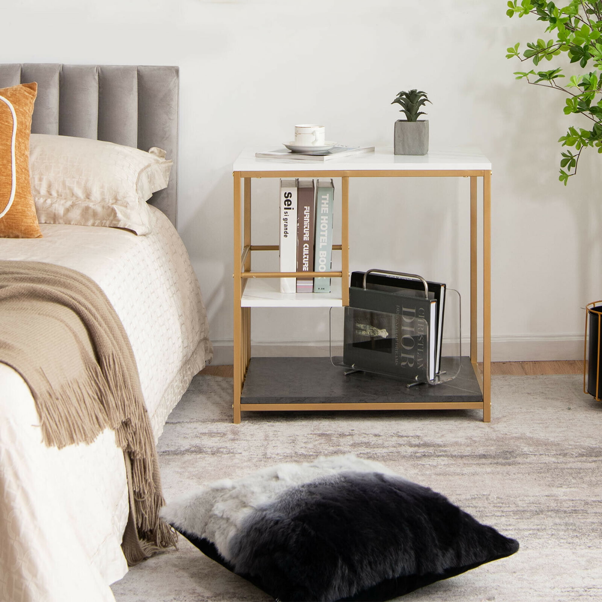 Gymax 3 Tier Side Table with Open Storage, White/Gold
