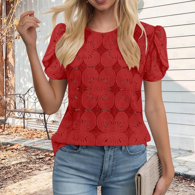 Craaazy Women's Relaxed Fit Crew Neck Blouse, Solid Color Short Sleeve Lace Eyelet Top, Loose Comfy Floral Lace Casual Tee for Summer Gifts