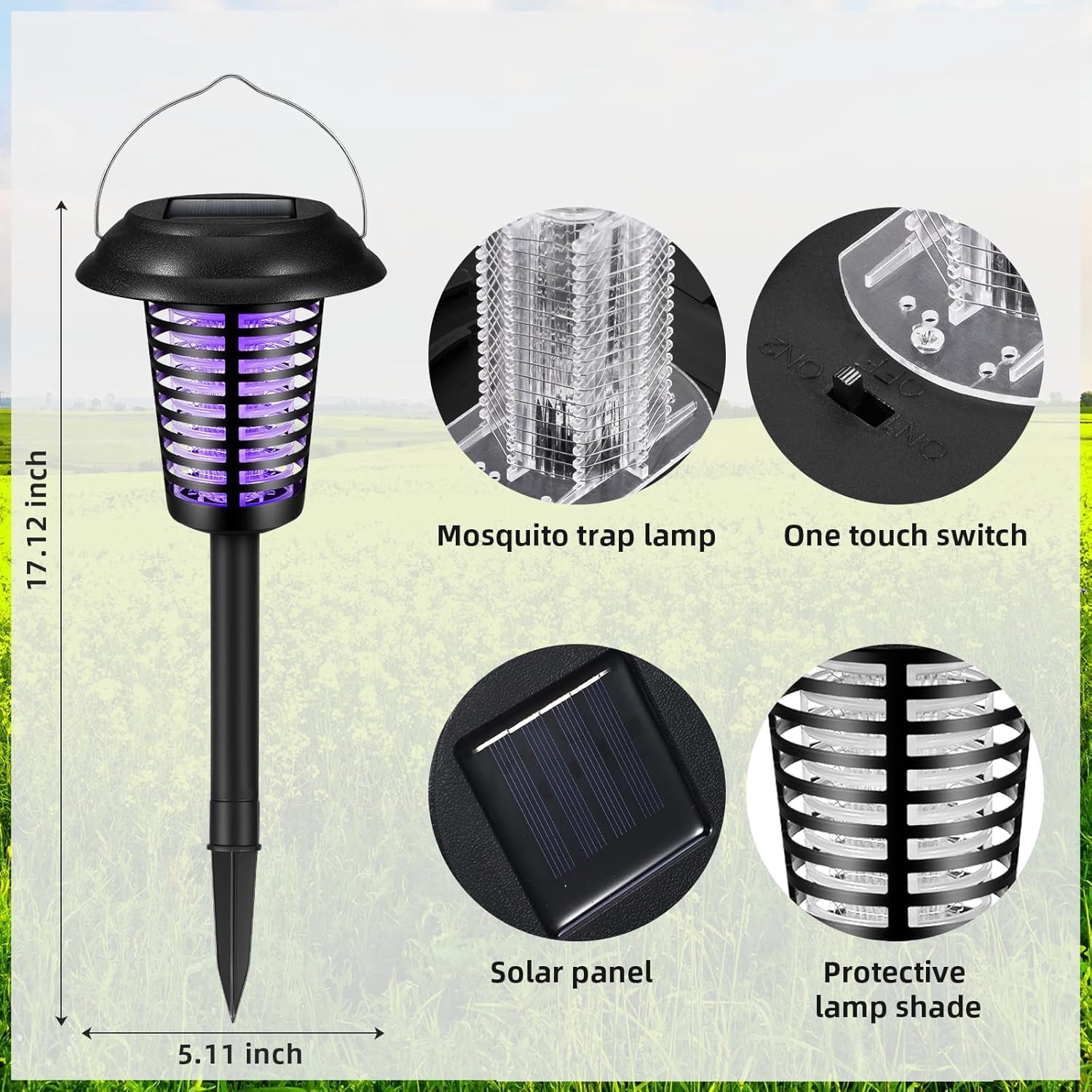 G · PEH Solar Bug Zapper, 2 Pack Outdoor Solar Powered Mosquito Zapper Killer Lamp Fly Zapper Repellent Lighting Stake Landscape Fixture