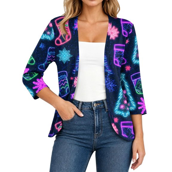 EANJE Women Christmas Graphic Open Front Cardigan, 3/4 Sleeve Loose Lightweight Shrug, Casual Printed Thin Knit Layering Top Multicolor 2XL