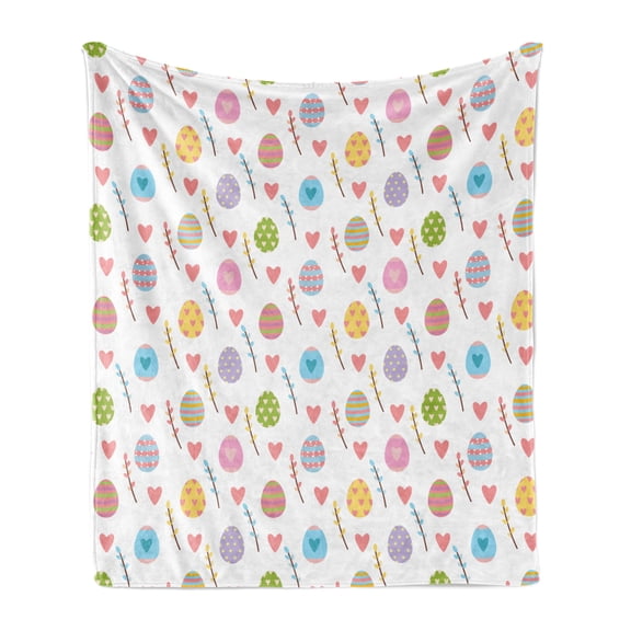 Easter Soft Flannel Fleece Throw Blanket, Colorful Eggs with Stripes Dots Leaves Branches and Hearts Joyous Spring Elements, Cozy Plush for Indoor and Outdoor Use, 50" x 70", Multicolor, by Ambesonne