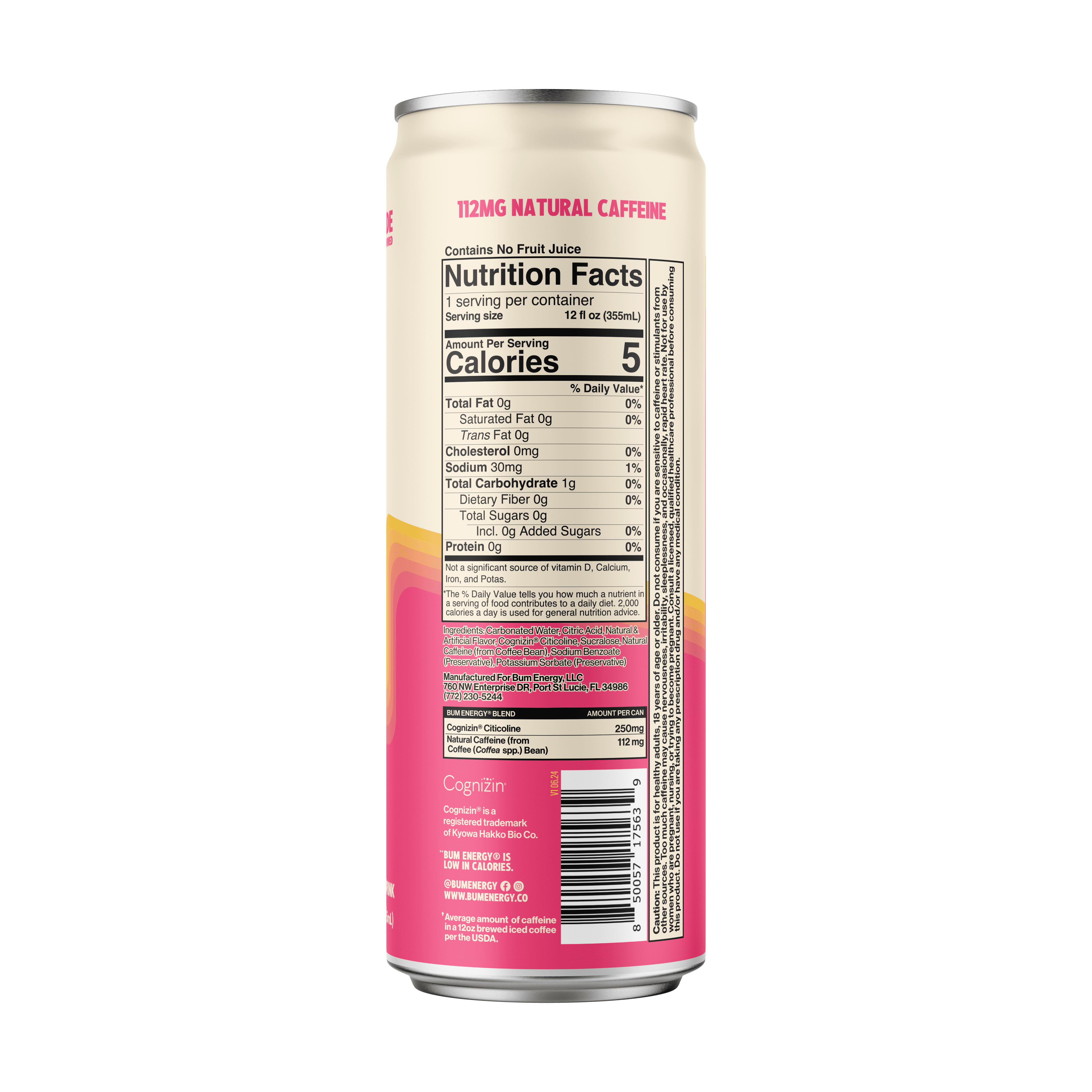 BUM Energy Pink Lemonade Energy Drink, 112 mg Natural Caffeine, 12