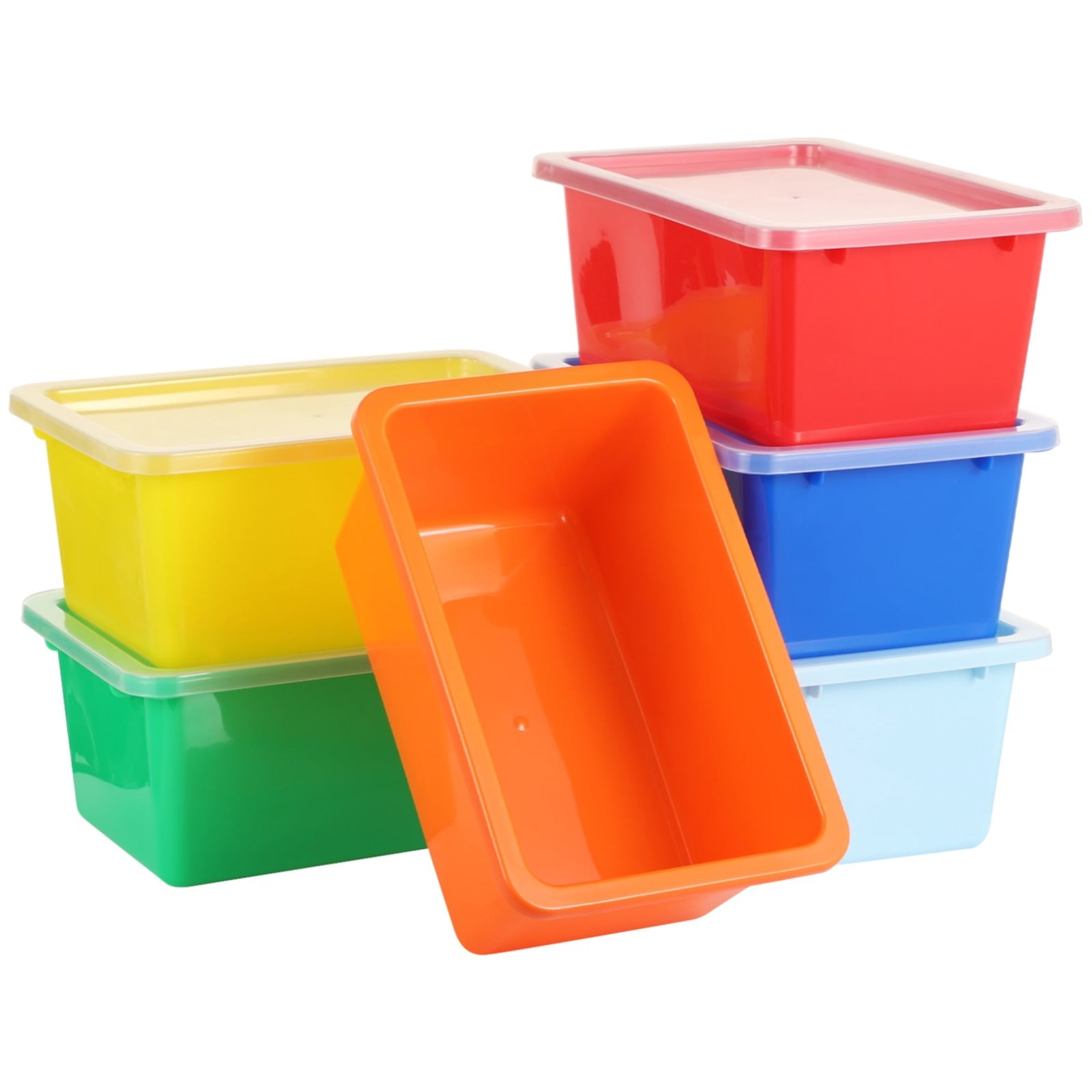 6 PCS Cubby Bins, 11.3 x 7.6 x 4.8 Inch Multi Colors Storage Bins with Lids, Plastic Storage Bins Toy Storage Containers, Stackable Organizer Cubbies for Classroom Home