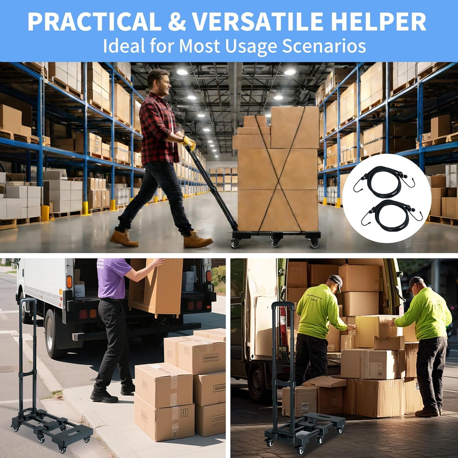 Folding Hand Truck 500 LBS Heavy Duty Dolly Cart with Wheels and Brakes, Collapsible Moving Dolly for Luggage Travel Shopping