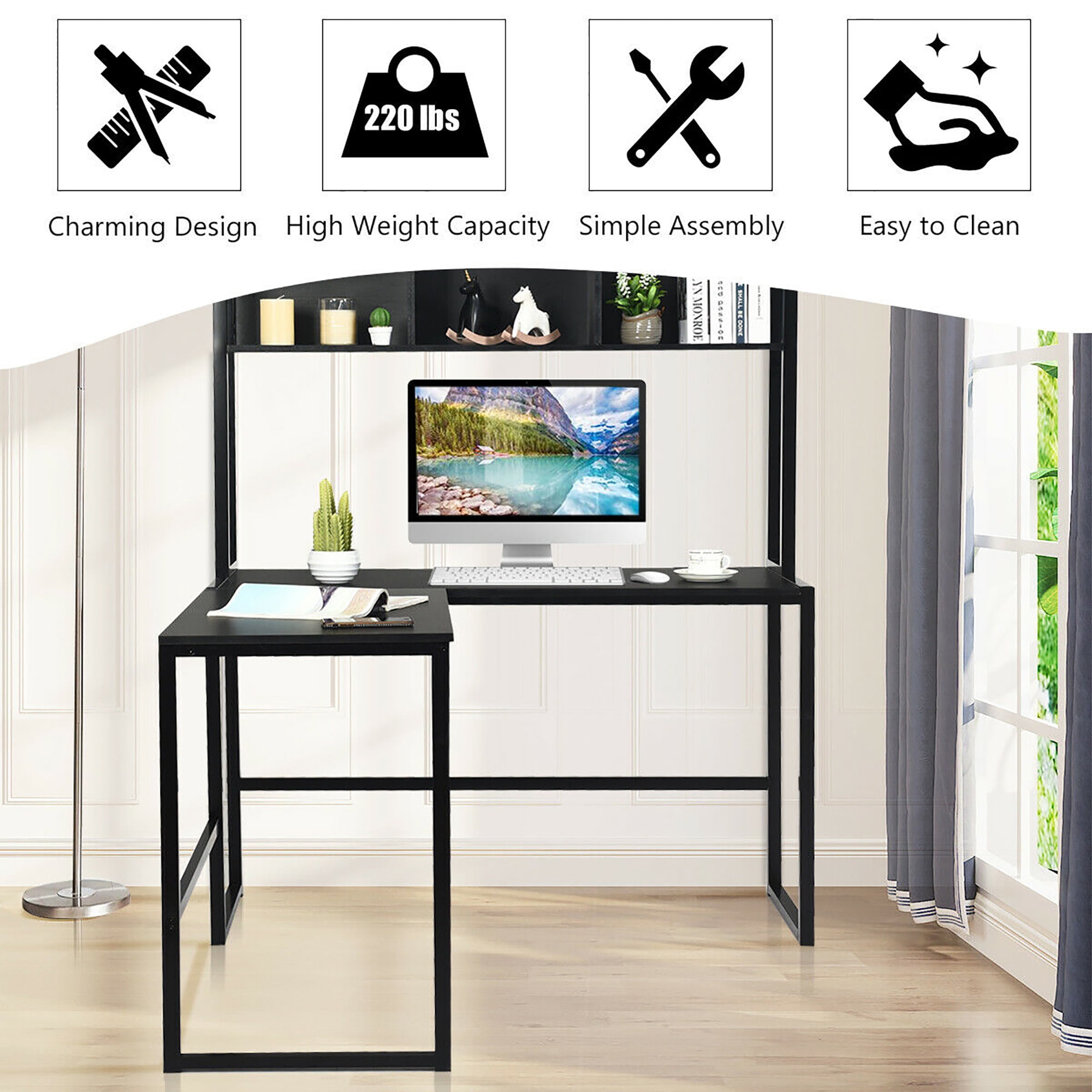Costway 55'' L-Shaped Desk Corner Computer Desk w/Hutch Black