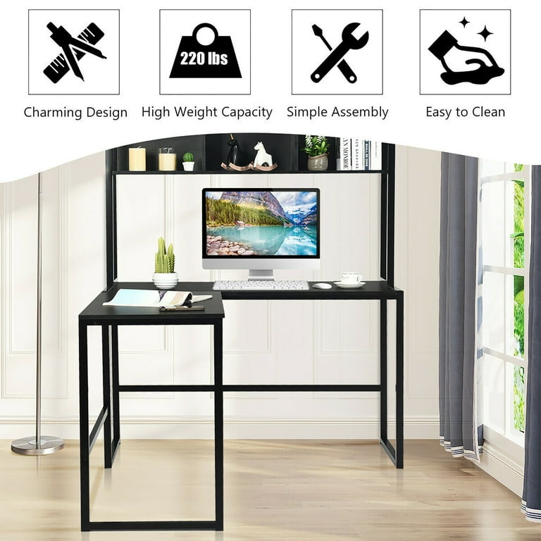 Costway L-Shaped Corner Computer Desk with Hutch, 55'', Black