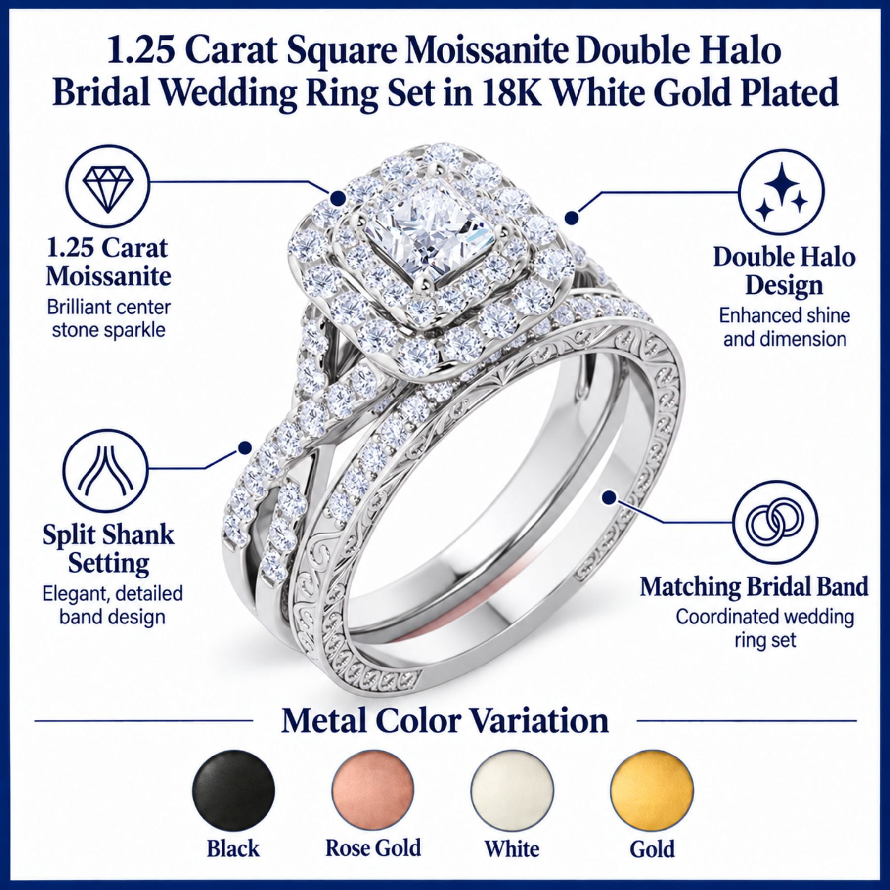 JeenMata Wedding Ring Set, 1.25 ct Square Moissanite, Double Halo