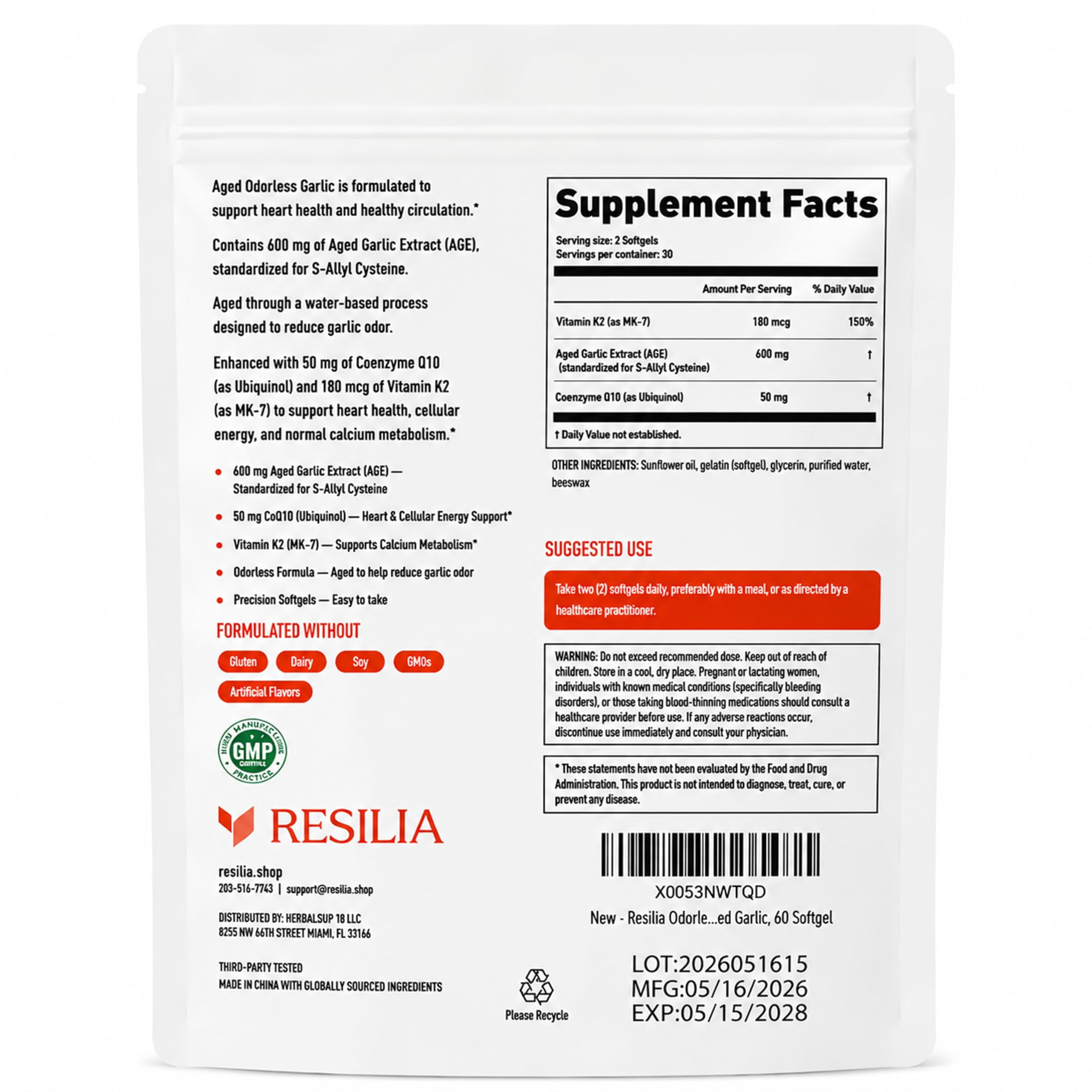Resilia Odorless Aged Garlic Extract Softgels 600mg with CoQ10 Ubiquinol & Vitamin K2 MK-7, 60 Softgels