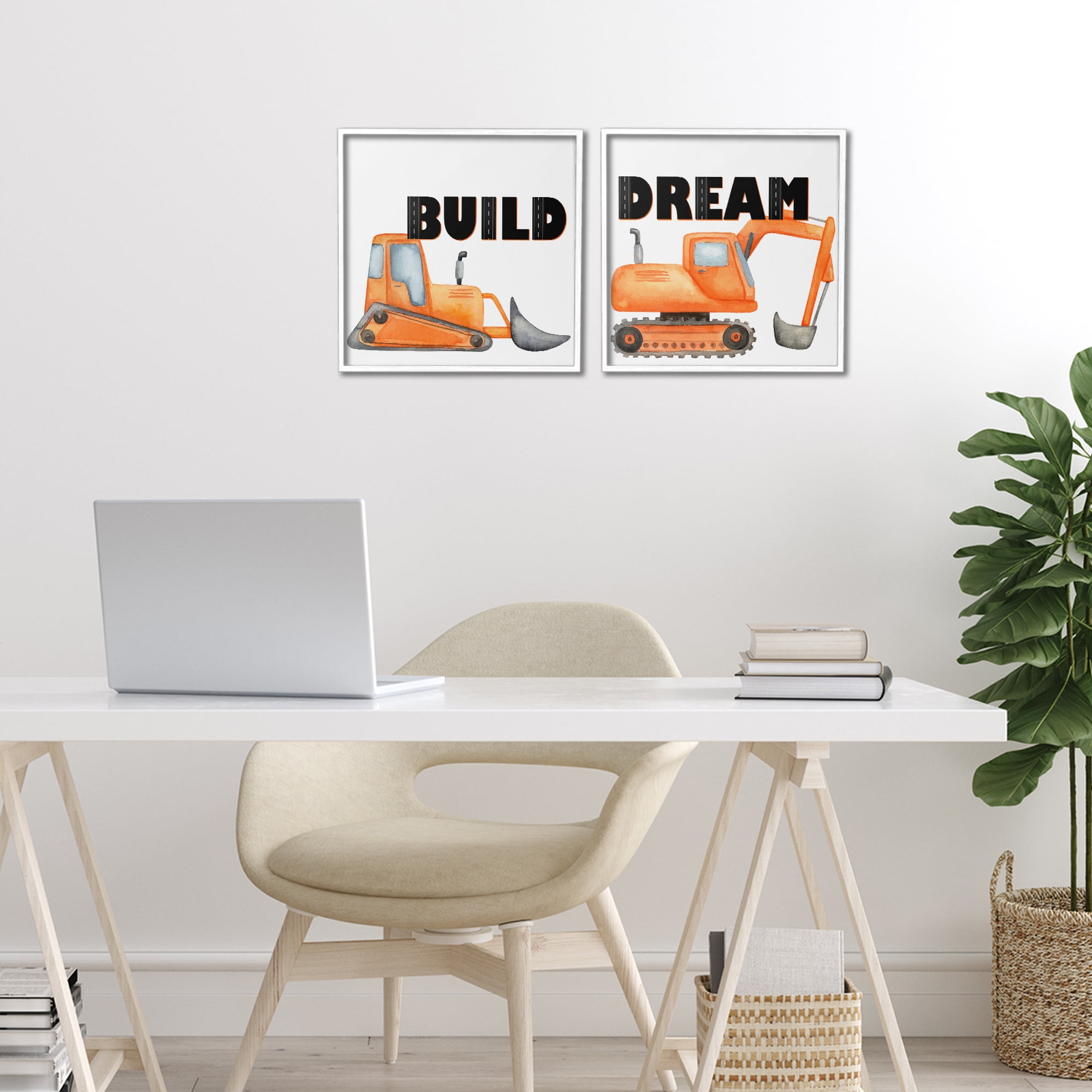 Build & Dream Construction Vehicles 2 Piece White Framed Giclee Art Set, design by Kim Allen