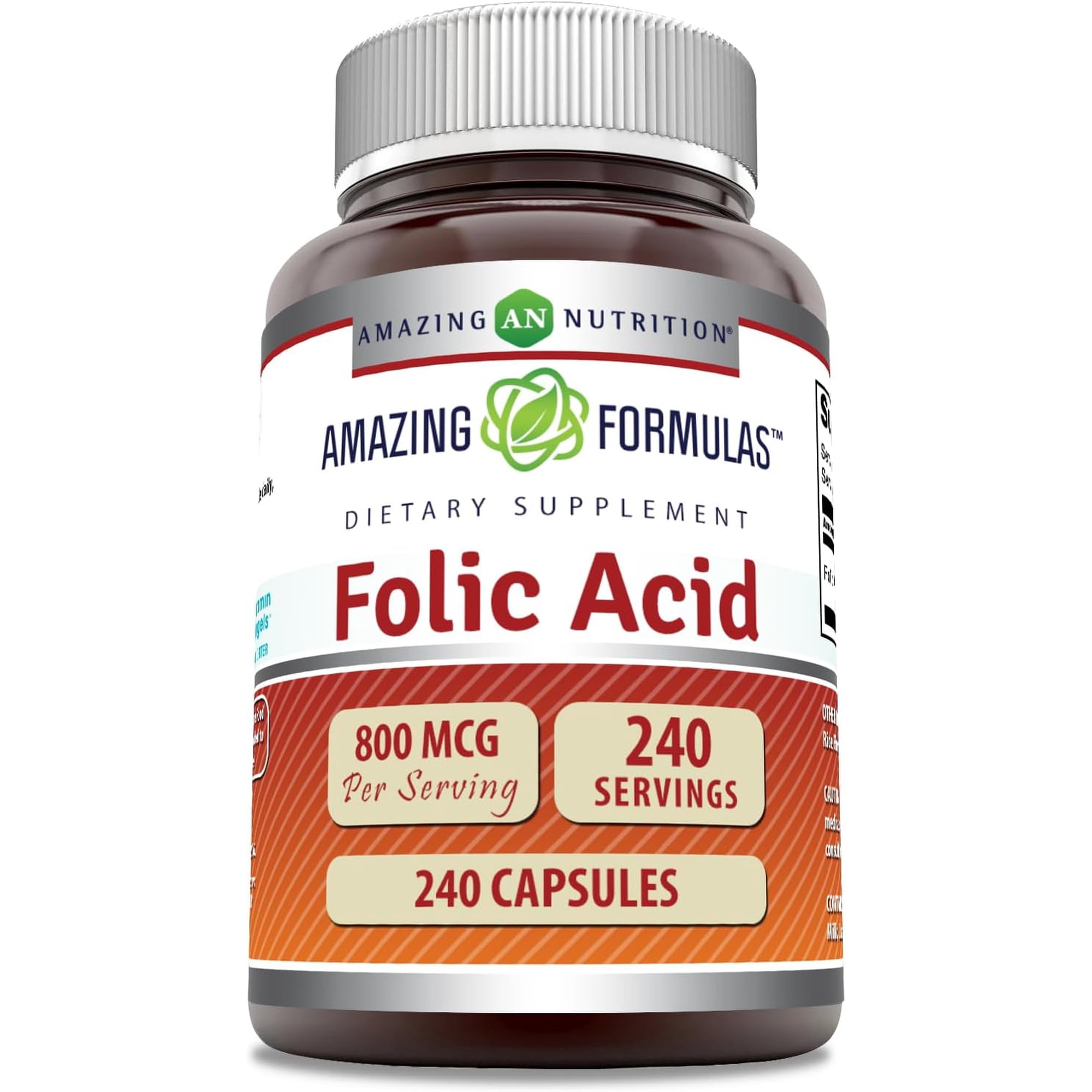 Amazing Formulas Folic Acid 800 mcg Per Serving 240 Capsules Supplement | Vitamin B9 | Non-GMO | Gluten Free
