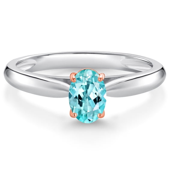 Gem Stone King 925 Sterling Silver and 10K Rose Gold Prongs Blue Apatite Solitaire Engagement Ring for Women (0.52 Cttw, Oval 6X4MM, Gemstone Birthstone, Available in Size 5, 6, 7, 8, 9)
