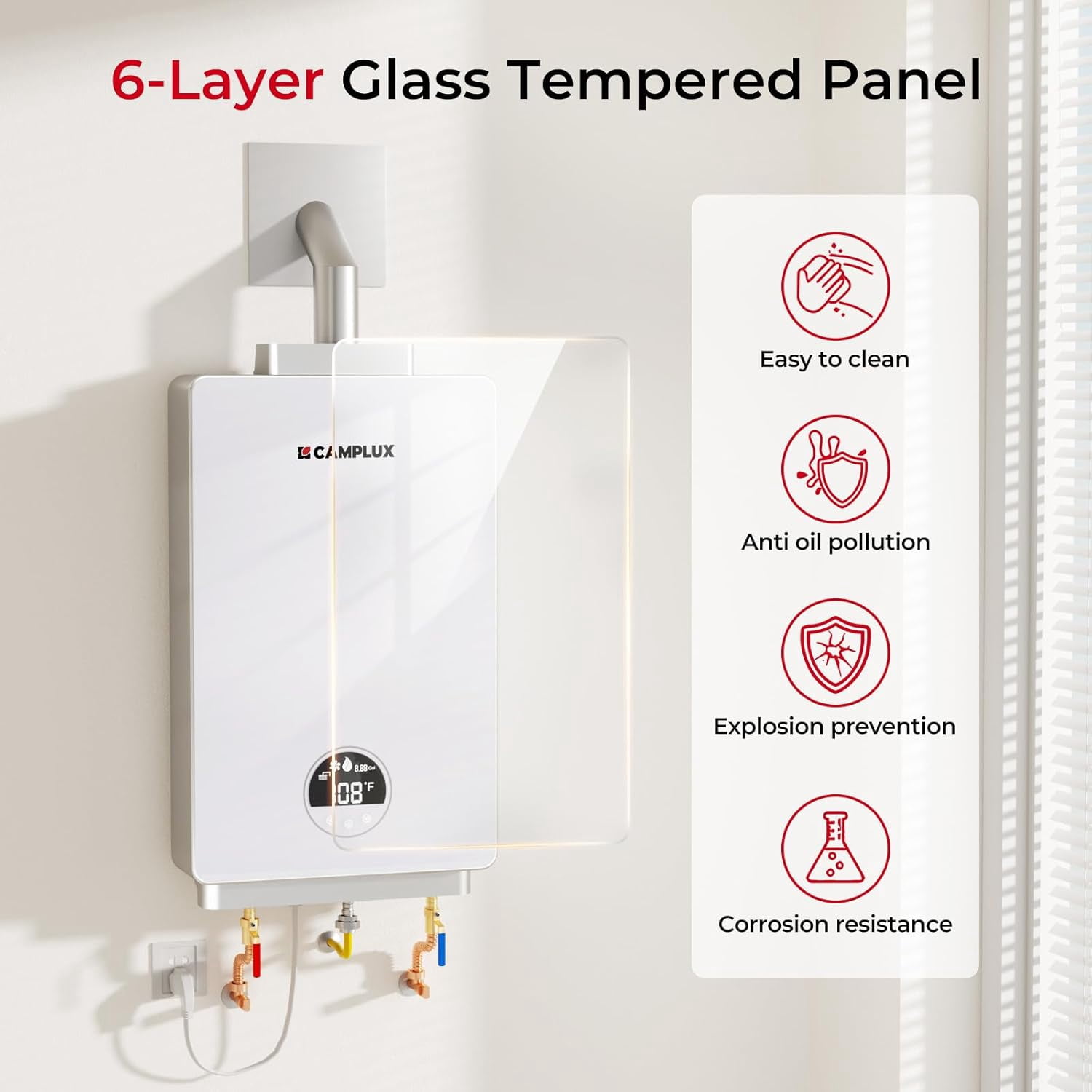 CAMPLUX 3.18GPM 82,000BTU Propane Indoor Tankless Water Heater For 2-3 Points Use, With Horizontal Vent Pipe, CA318W-LP