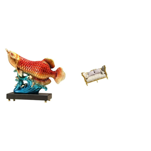 Escultura de resina Arowana Prosperity con muebles en miniatura de madera simulada para la entrada, la sala de estar, la casa de muñecas y la decoraci