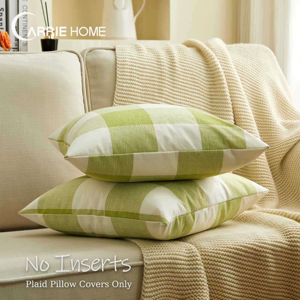 Spring Outdoor Green Plaid Pillow Covers 18x18 Set of 2, Green Farmhouse Buffalo Plaid Throw Pillows, Spring Outdoor Front Porch Decor Gingham Pillow Covers (No Pillow Inserts)