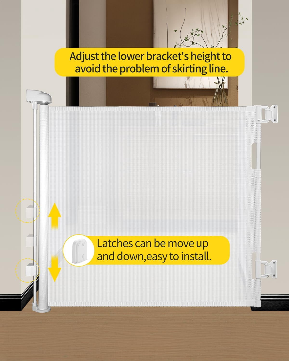 Retractable baby safety gate – width adjustable up to 55 inches – child and pet safety barrier – easy installation, safety latch, grey mesh fabric, suitable for both indoor and outdoor use.